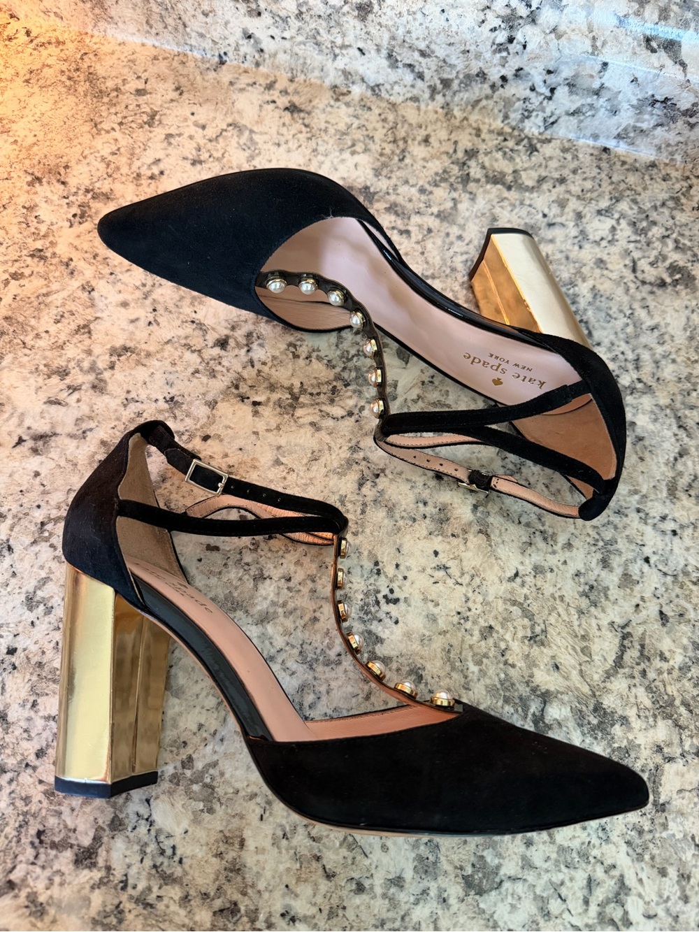 kate spade Black Suede T-Strap Block Heel Pumps with Gold Pearl Sexy Career - Picture 4 of 8